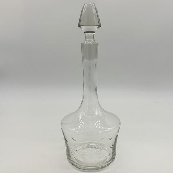 Vtg Nautical Decanter Clear Glass Liquor Wine Bottle Etched Clipper Ship Stopper - Picture 1 of 11